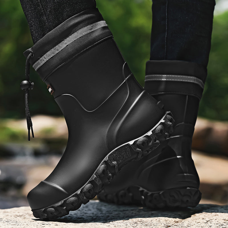 Men's Waterproof PU Rain Boots with Fleece Lining, Mid-Calf