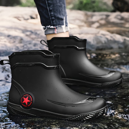 Men's Slip-On Rubber Rain Boots with Thick Sole - Mid-Calf