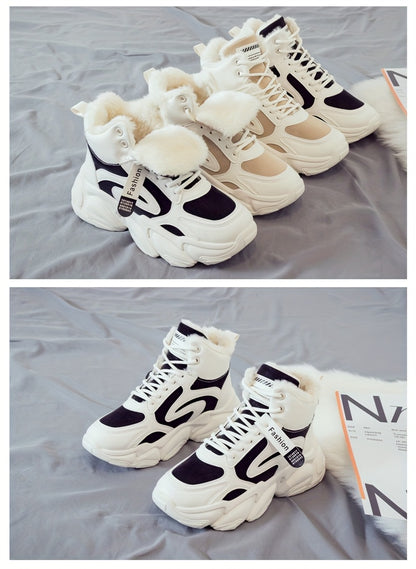 Women's Plush Fleece-Lined High-Top Sneakers - Thick-Soled Winter Warm Lace-Up Shoes with PU Upper & Cushioned PVC Sole, White/Black/Grey Chunky Dad Shoes (Cozy Round Toe) - Instagram Trendy Winter Footwear by I Trend