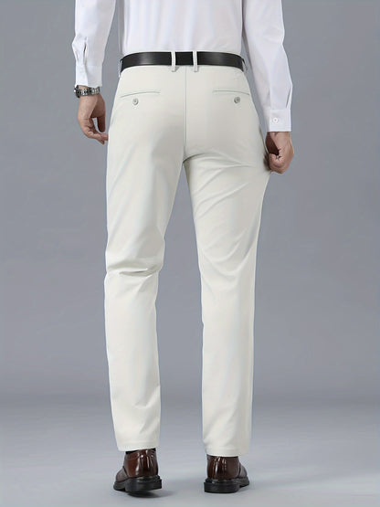 Men's Classic Business Casual Pants - Polyester, Solid Color, Regular Fit for All Seasons
