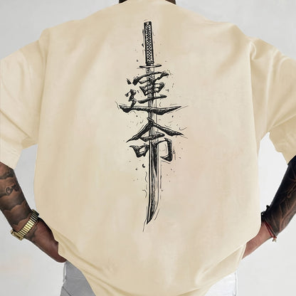 Men'S Japanese Samurai Sword Graphic T-Shirt - Casual Loose Fit Crew Neck, Short Sleeve Tee with Red Stylized Japanese Katanas Design, Breathable Polyester for Spring  Summer Outdoor Wear