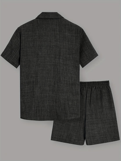 Men's Casual Solid Color Short Sleeve Shirt & Drawstring Shorts Set