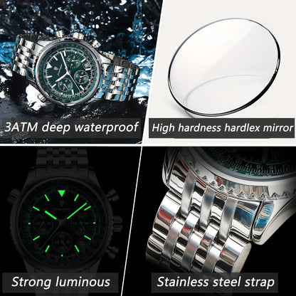 POEDAGAR Men's Luxury Stainless Steel Watch, Chronograph, Calendar, Date Display, Green Dial with Black Bezel & Roman Numerals, Quartz Movement, Casual to Business Style, Suitable for Women