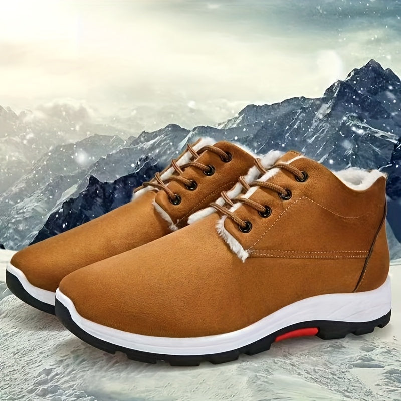 Men'S Winter Snow Boots - Warm High-Top Ankle Boots with Lace-Up Closure, Non-Slip Rubber Sole, and Breathable Fabric Upper for Cold Weather, Casual Style, Solid Color, Winter Boots, Brown Winter Shoe For Men Hiking, Thermal
