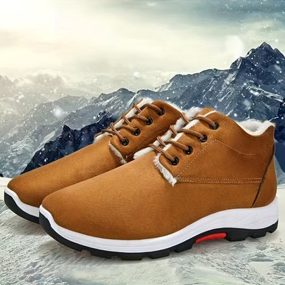 Men'S Winter Snow Boots - Warm High-Top Ankle Boots with Lace-Up Closure, Non-Slip Rubber Sole, and Breathable Fabric Upper for Cold Weather, Casual Style, Solid Color, Winter Boots, Brown Winter Shoe For Men Hiking, Thermal
