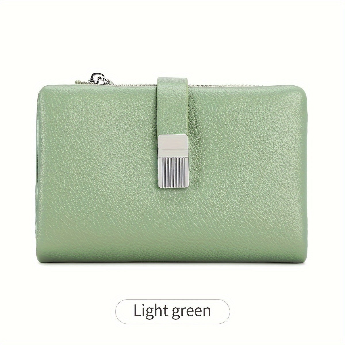 A Compact Trifold Wallet Made of Soft PU in a Solid Color, Featuring Metal Accents. It Includes a Zippered Coin Pocket, Card Slots, And an ID Window, Suitable for Credit Cards, ID Cards, Cash, And Coins. This Modern, Lightwei