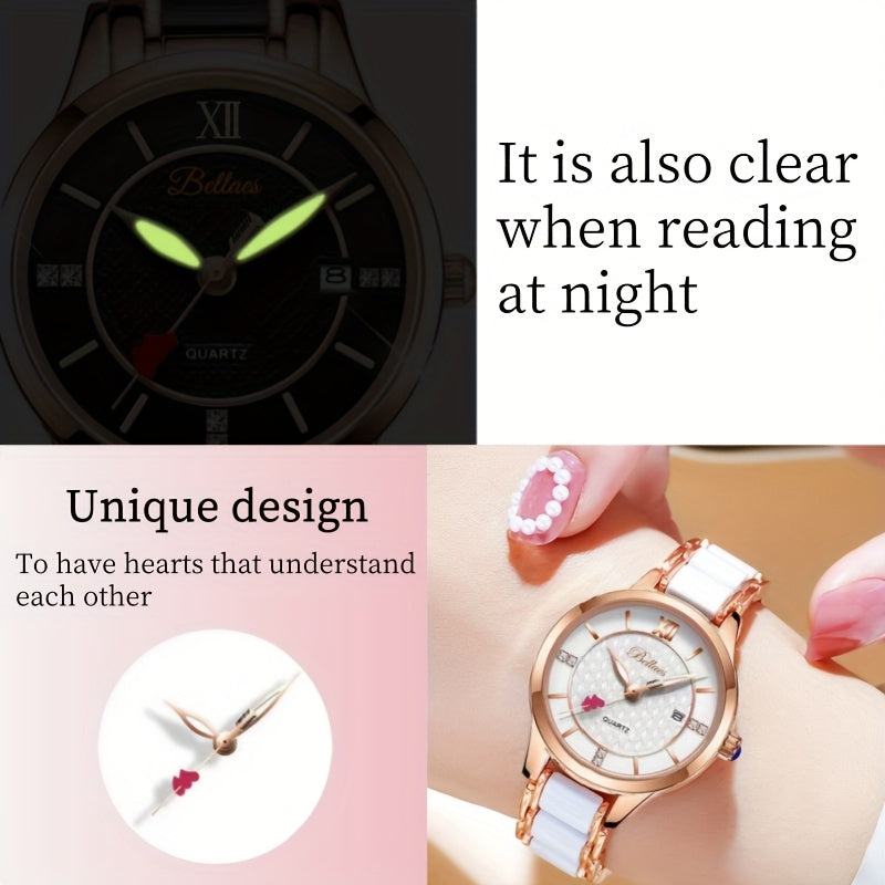 Elegant Women's Quartz Watch with Cupid Arrow & Ceramic Strap