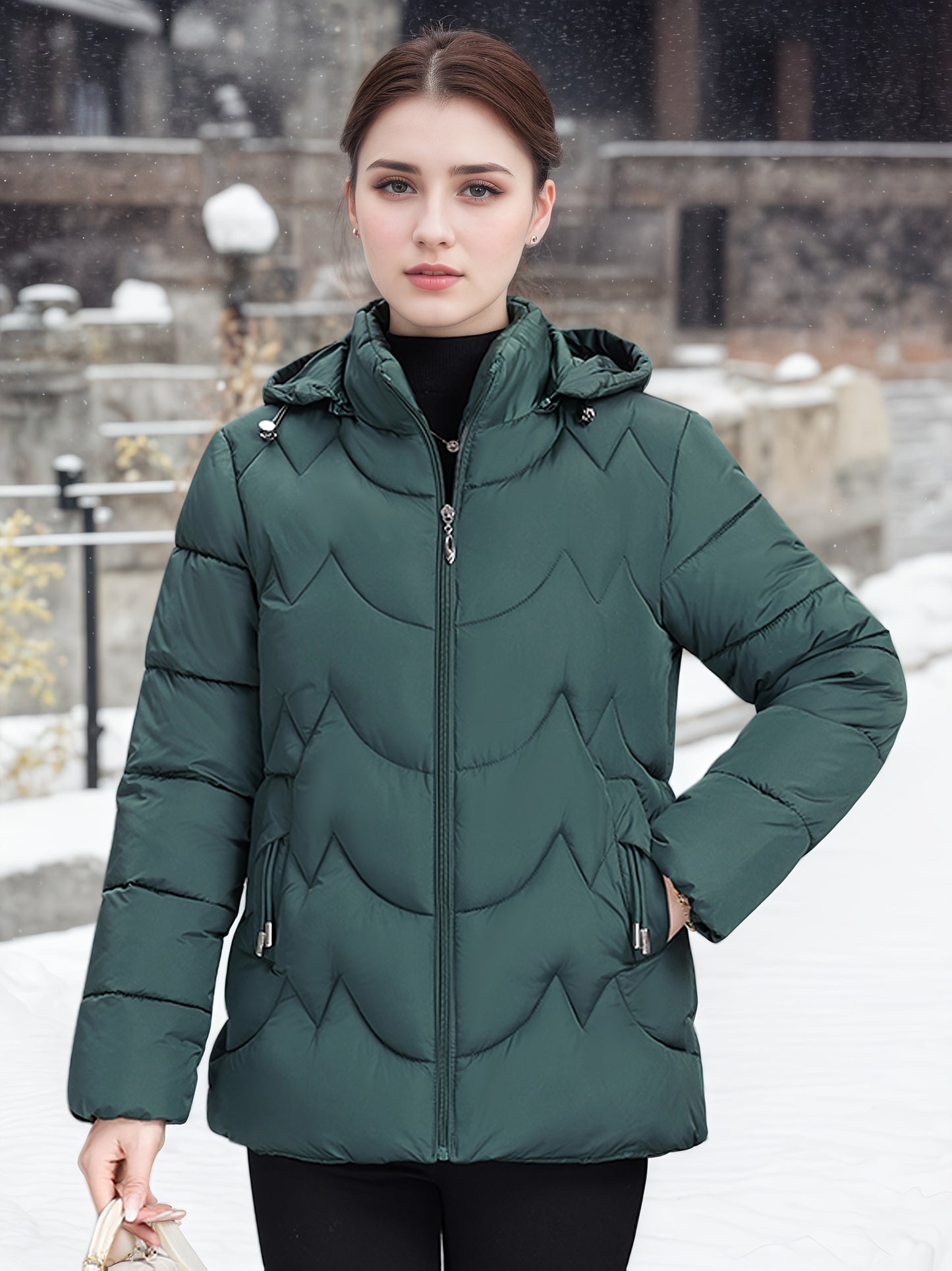 Կանացի էլեգանտ սև ձմեռային փքված բաճկոն՝ երկար թևքերով, կայծակաճարմանդով, առօրյա ոճով՝ ուլունքազարդ դետալներով, իդեալական է ձյունառատ օրերի համար, առօրյա ձմեռային հագուստի համար | Կայծակաճարմանդով բաճկոն | Գործնական գրպաններ