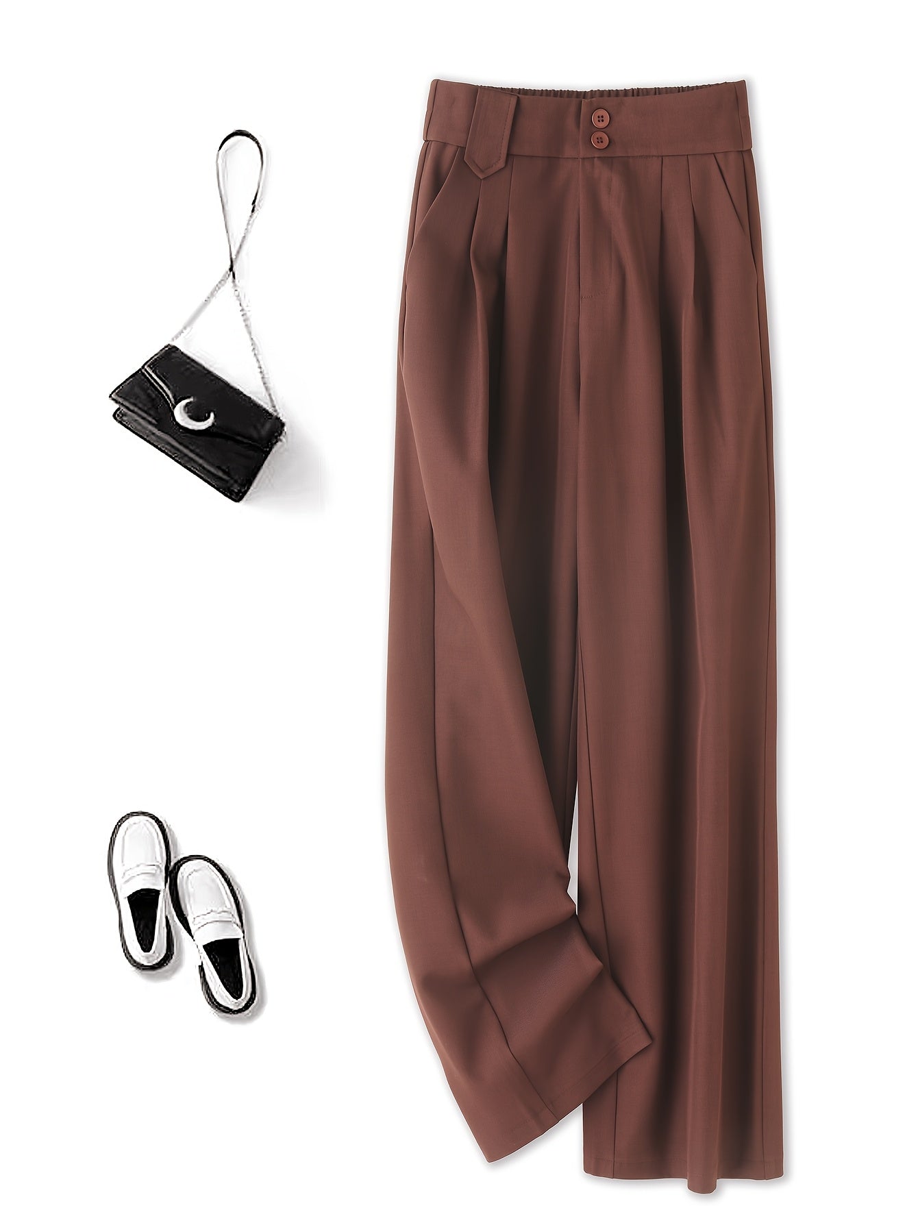 1pc Women'S High-Waist Casual Wide-Leg Trousers, Solid Color, Regular Fit Long Pants, Polyester Twill Fabric, with Button Closure for Work and Leisure - Seasonal Fashion