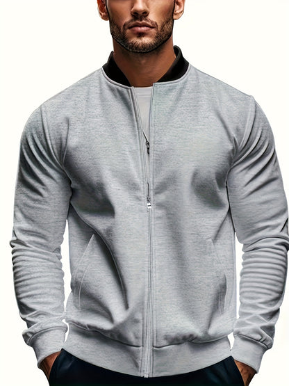 Men's Lightweight Stand Collar Jacket - Olive Green Softshell Zipper Jacket with Pockets, Regular Fit for Spring/Fall Hiking & Casual Outdoor Wear, Hiking Accessories