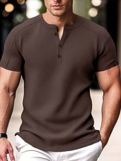 Men'S Long-Sleeve Henry Shirt in Knitted Waffle Style, Featuring Stylish Buttons And a Solid Color, Perfect for High-Quality Casual Outdoor Wear in Spring And Summer.