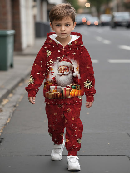 2pcs Boys' Santa Claus & Gifts Print Hooded Sweatsuit Set - Warm Winter Outfit with Matching  & Sweatpants, Cozy Christmas Outwear for Boys, Machine Washable Clothing Gift (Autumn/Winter), Perfect for Outdoor