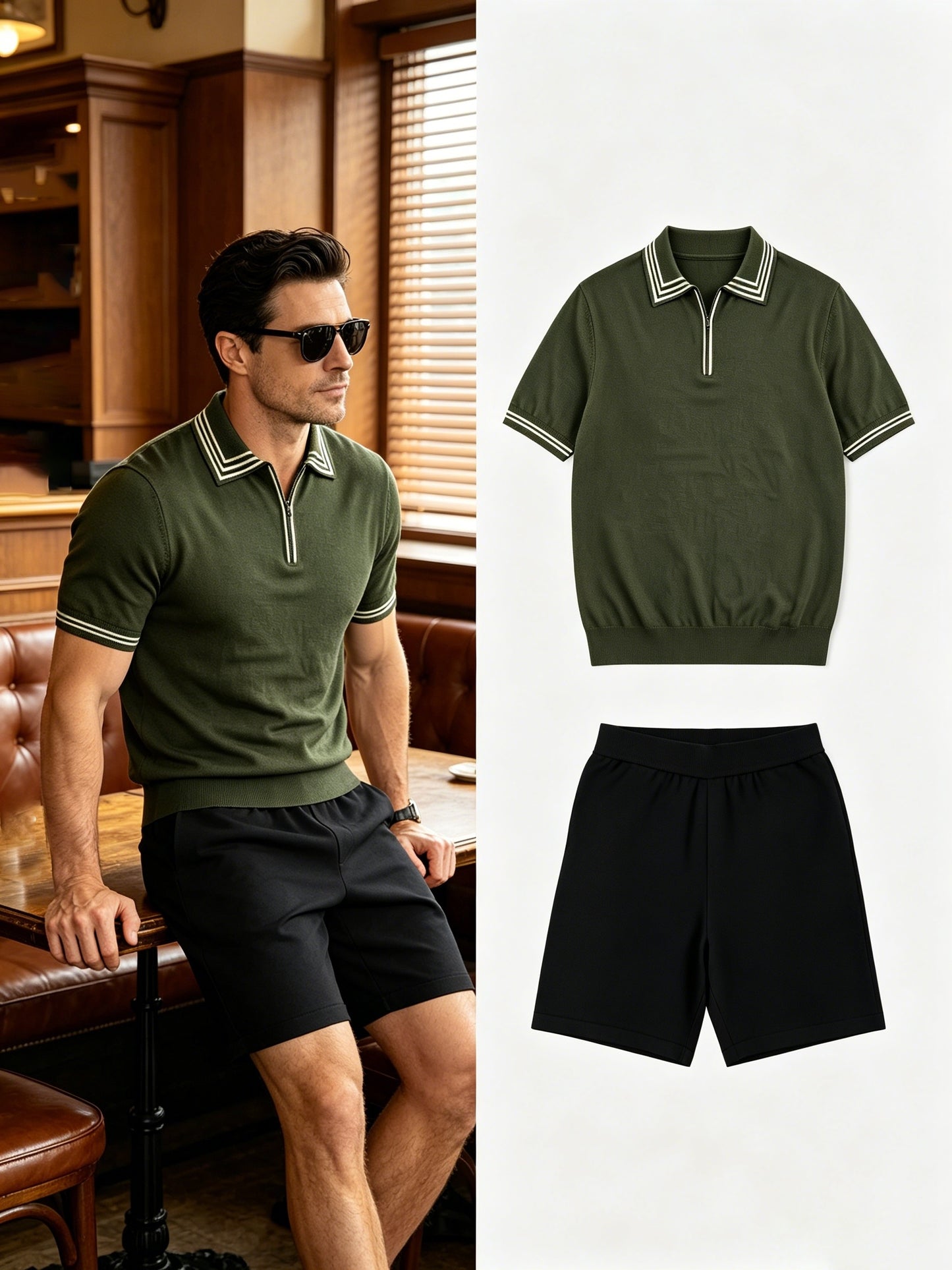 Men's Casual Striped Knit Polo & Lightweight Shorts Set