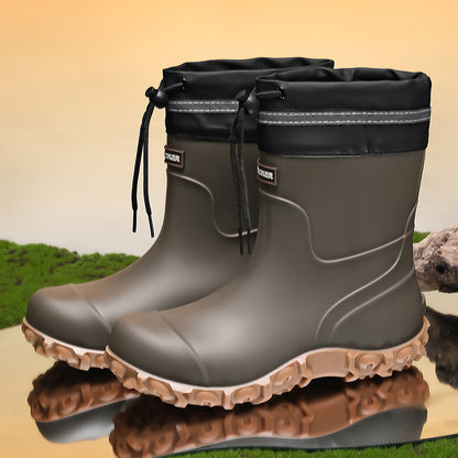 Men's Waterproof PU Rain Boots with Fleece Lining, Mid-Calf