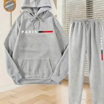 Halloween Men'S Hoodie with PARIS Lettering And Drawstring Sweatpants Set, a Must-Have Outfit for Autumn And Winter, Perfect for Everyday Outdoor Wear - ayq