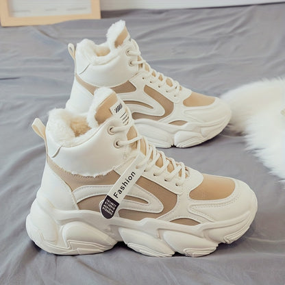 Women's Plush Fleece-Lined High-Top Sneakers - Thick-Soled Winter Warm Lace-Up Shoes with PU Upper & Cushioned PVC Sole, White/Black/Grey Chunky Dad Shoes (Cozy Round Toe) - Instagram Trendy Winter Footwear by I Trend