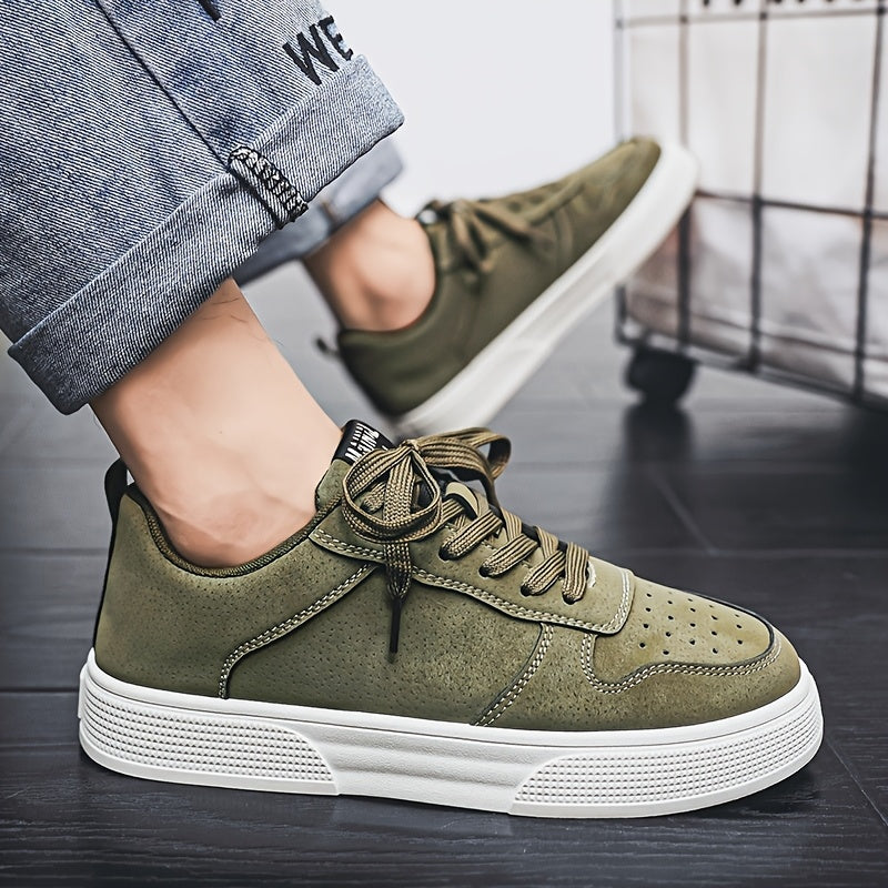 1 Pair MAINALUN Men'S Skateboarding Sneakers - Low-Top Lace-Up Casual Shoes with Thick PVC Sole, Breathable Fabric Lining  Durable Synthetic Upper for Daily Wear, Outdoor, Travel, Parties - Green/Black/Khaki, Skateboarding S