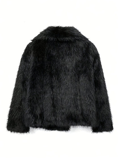 Women's Elegant Luxury Faux Fur Coat - Winter Warm Solid Black Outerwear with Plush Fur Collar, Machine Washable Winter Coat for Fall & Winter, Casual to Formal Events, Faux Fur Jacket for Women, Chic and Sophisticated Design