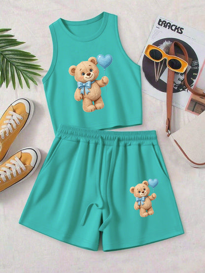 Casual Women's Two-Piece Vest and Shorts Set with Pattern Print