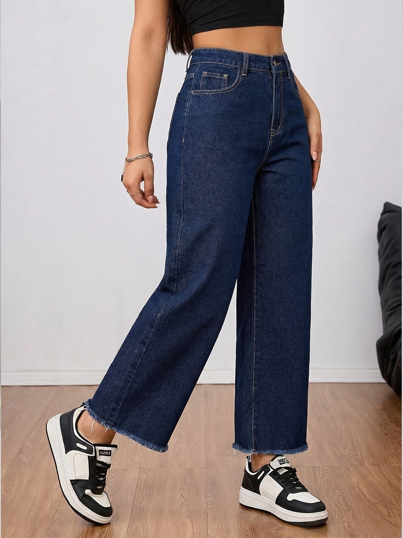 Women’s Stretch Dark Blue Washed Straight-Leg Denim Pants