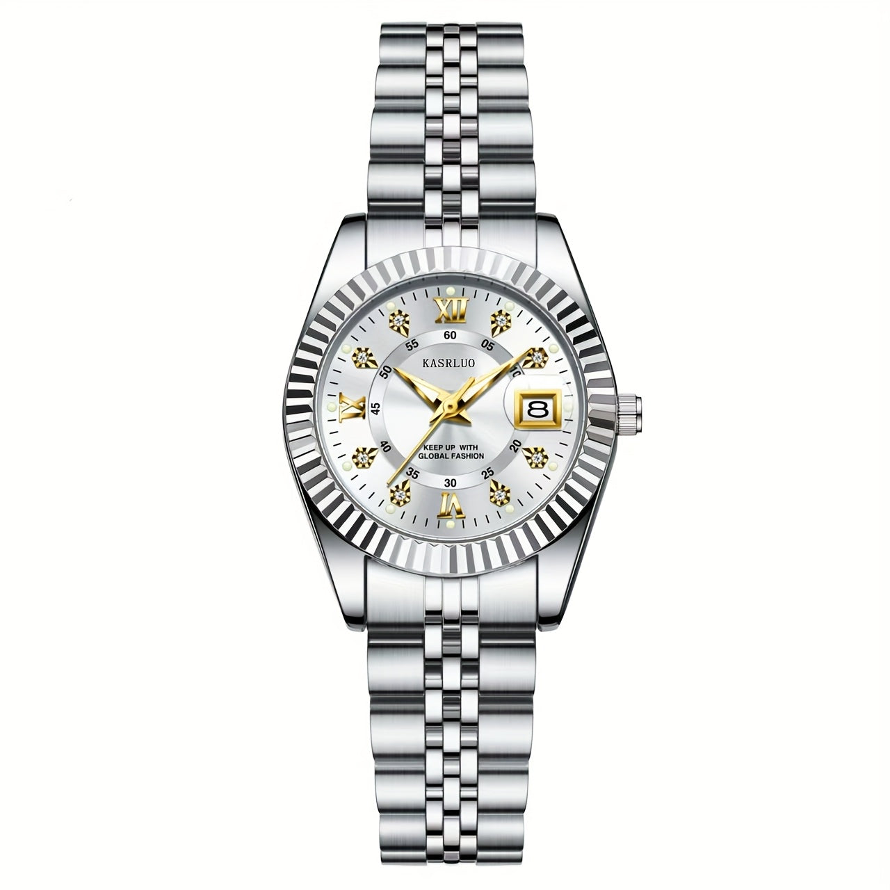KASRLUO Elegant Women's Quartz Watch - Luminous Date, Stainless Steel Band, Precise Movement with Moon Phase Calendar, Timepiece