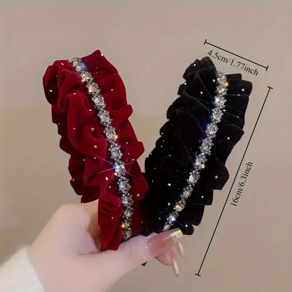 1/2pcs New Style Velvet Ribbon Hairband with Rhinestone Chain & Fold Design for s' Casual Attire