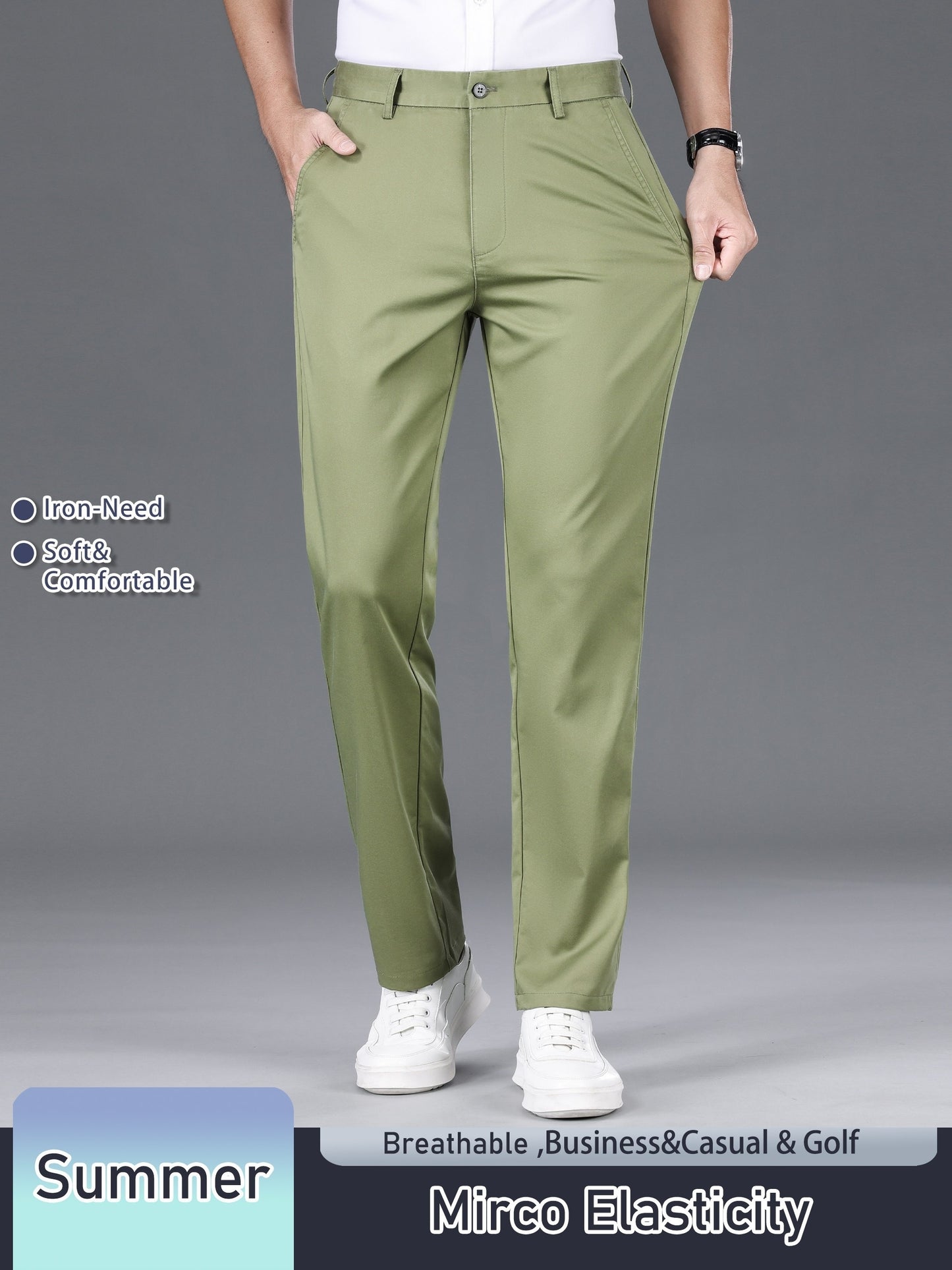 Men's Solid Color Straight Leg Business Style Cotton Blend Pants, Casual Comfy Breathable Outdoor Trousers As Gift