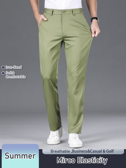 Men's Solid Color Straight Leg Business Style Cotton Blend Pants, Casual Comfy Breathable Outdoor Trousers As Gift