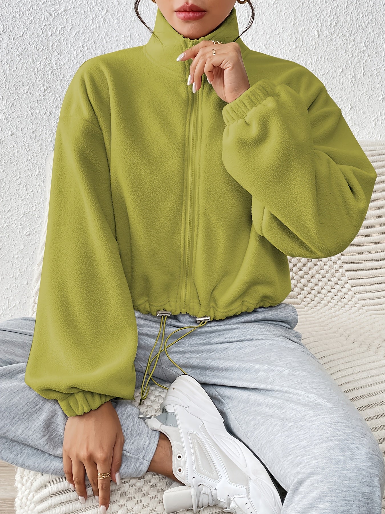 Women'S Casual Zippered Front Drawstring Hem Jacket - High-Neck Long Sleeve with Pockets, All-Season Comfort, Machine Washable, Versatile for Casual Attire, Casual Wear Jacket | Highneck Jacket | Zippered Jacket