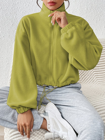 Women'S Casual Zippered Front Drawstring Hem Jacket - High-Neck Long Sleeve with Pockets, All-Season Comfort, Machine Washable, Versatile for Casual Attire, Casual Wear Jacket | Highneck Jacket | Zippered Jacket