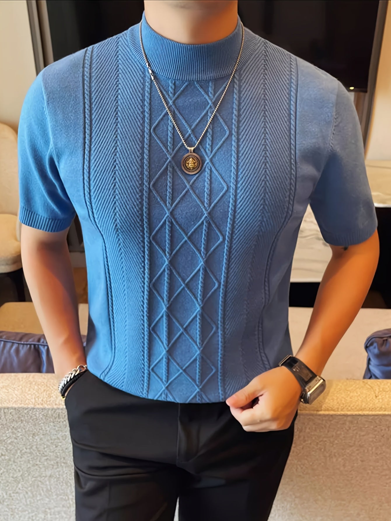 Men's New Solid Color Rhombus Fashion Semi-High Neck Knit Sweater, Spring/Summer Casual Short Sleeve Knit Top - ayq