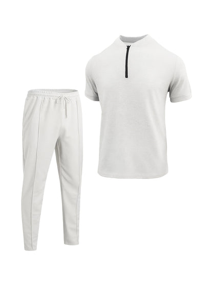 Men's Waffle Knit Zipper Shirt, Rib Collar Short Sleeve T-Shirt, Casual Breathable Summer Top - ayq