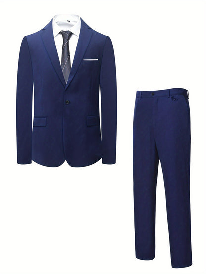 Men's Two-Piece Suit in Solid Color with Sealed Pockets, Regular Fit Suit Trousers, Elegant and Classic, Suitable for Business and Wedding Parties