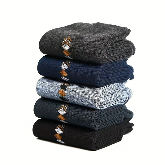 5-Pack Men'S Winter Thick Warm Work Socks, Polyester 90% Spandex 10%, Solid Color Knit Fabric, Machine Washable, Durable Anti-Odor for Middle-Aged and Elderly