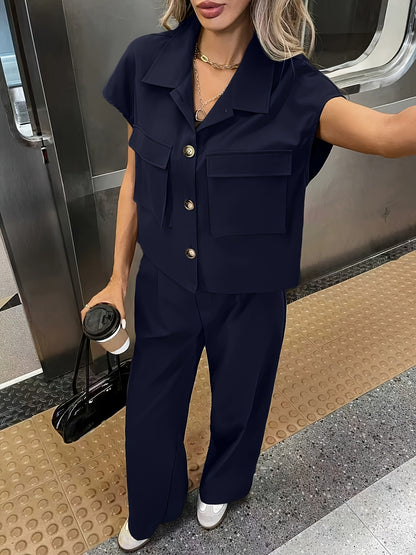 Women's Casual Solid Color Shirt and Pants 2pcs Set, Spring Summer 2pcs Set: Solid Color Button-Up Short Sleeve Top and Pocket Pants, Women's Casual Elegant Spring Summer 2pcs Outfit, Women's Outing and Date Wear, Spring Summ - ayq