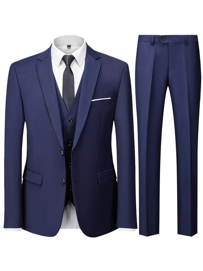 Men's 3-Piece Suit with Jacket, Vest & Pants - Stylish Formal Wear