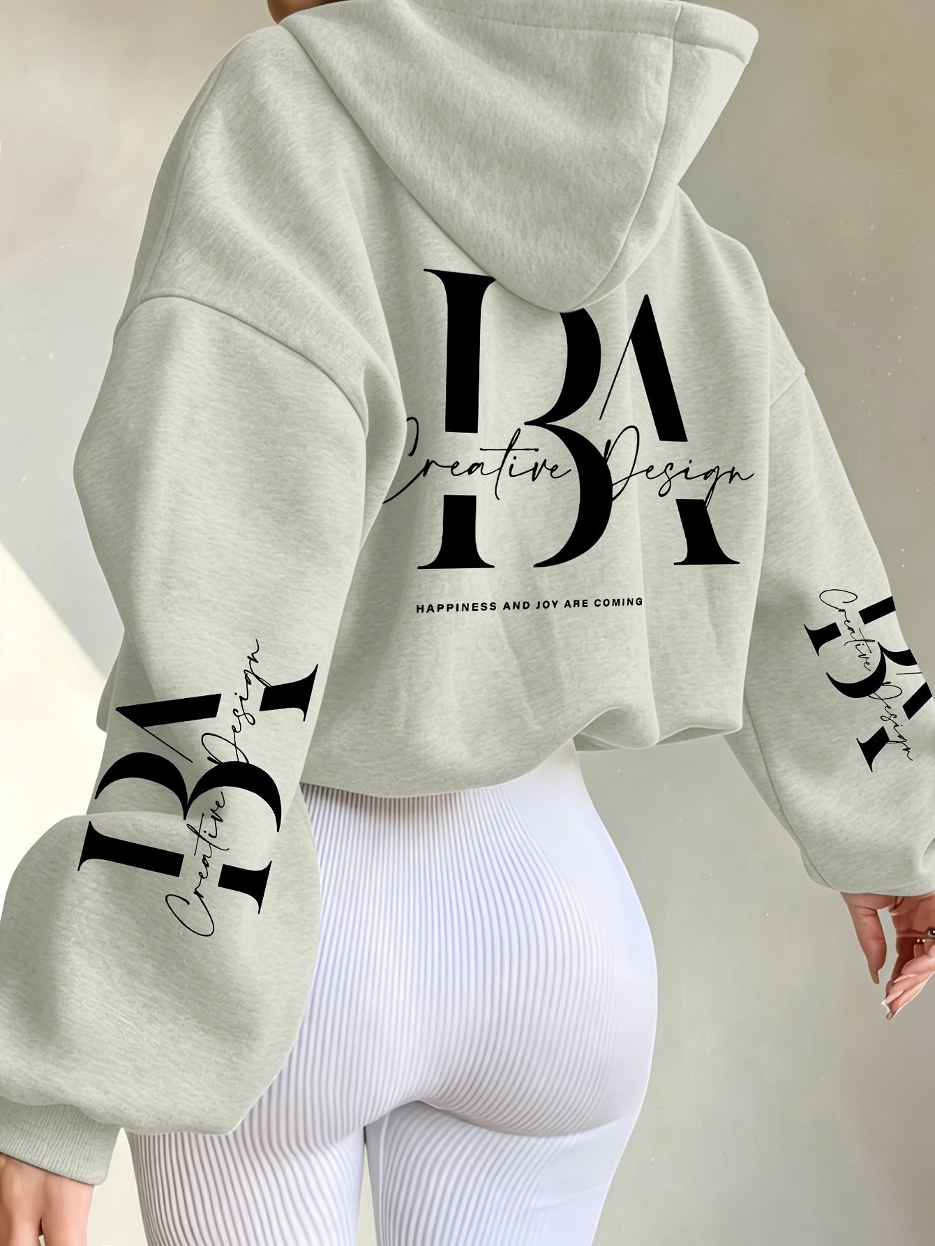 Women's Casual Short Hoodie Jacket with Zipper and Geometric Print