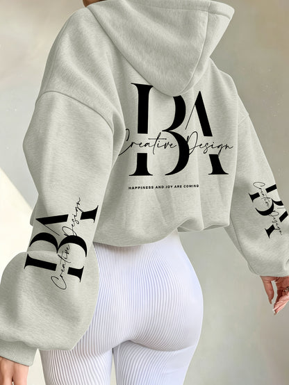 Women's Casual Short Hoodie Jacket with Zipper and Geometric Print