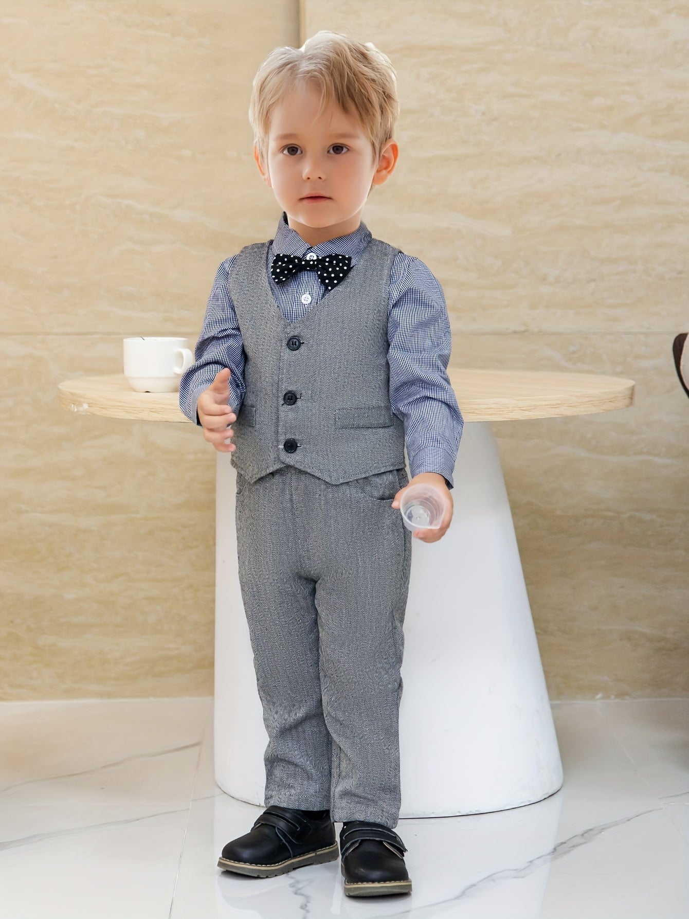 Boys' British Style Cotton Vest Suit Set with Bow Tie