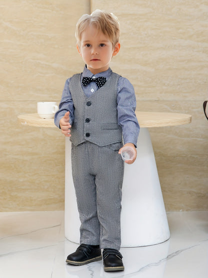 Boys' British Style Cotton Vest Suit Set with Bow Tie