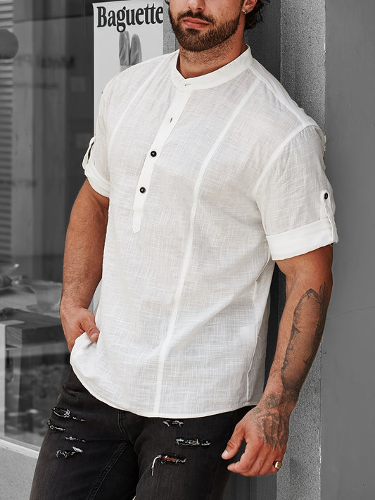 Classic Solid Color Men's Cotton Shirt - Casual Short-Sleeved, Button-Up with Stand Collar, Machine Washable & Dry Cleanable, Summer Essential, Everyday Shirt|Minimalist Casual Shirt|Cotton Fabric