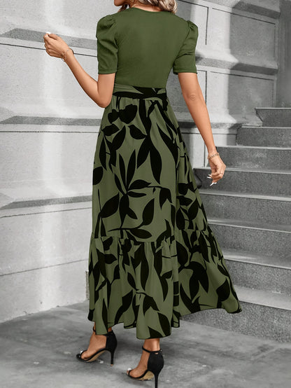 Print Midi Dress with Belt - Crew Neck, Short Sleeve, Non-Stretch Polyester - Machine Washable - Perfect for All Seasons
