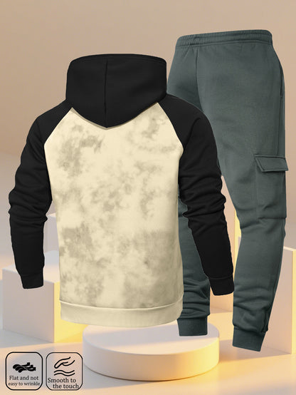 A New Trendy Color-Blocked Hoodie with Raglan Sleeves And Loose-Fitting Cargo Pants Featuring Multiple Pockets, Perfect for Casual Everyday Wear. This Breathable Hoodie And Loose Long Pants Set Comes in a Two-Piece Print Desi