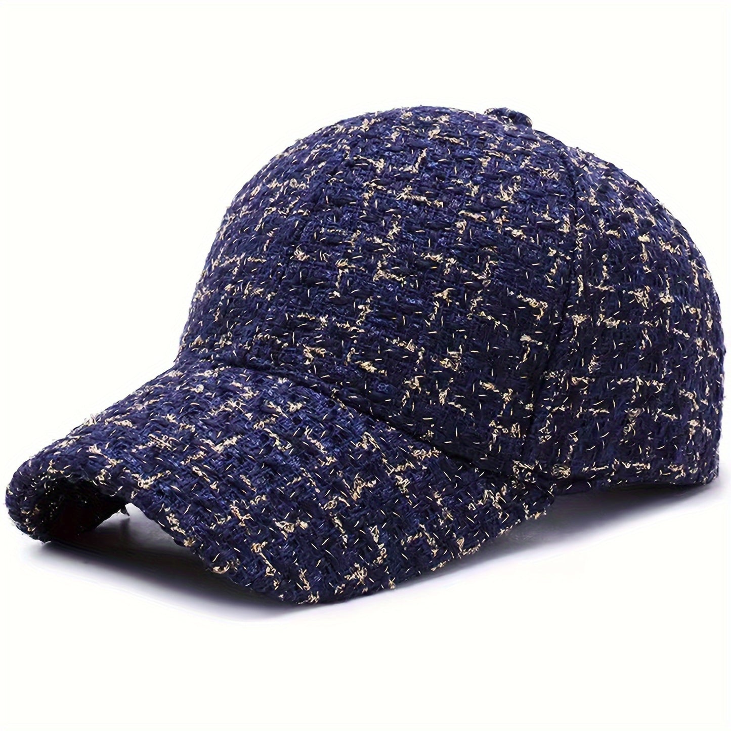 1pc Trendy Black & White Checkered Baseball Cap with Sparkly Golden Embroidery - Stylish Sun Protection Hat for Spring and Fall, Hand Wash Only, Polyester Material, Casual Wear Hat | Checkered Pattern Cap | Woven Texture Cap