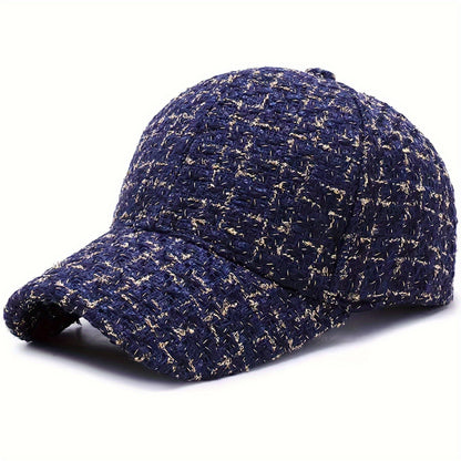 1pc Trendy Black & White Checkered Baseball Cap with Sparkly Golden Embroidery - Stylish Sun Protection Hat for Spring and Fall, Hand Wash Only, Polyester Material, Casual Wear Hat | Checkered Pattern Cap | Woven Texture Cap