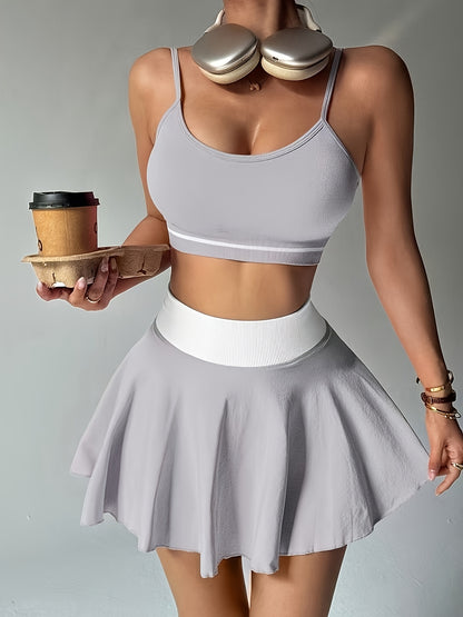 Women's Breathable Backless Sports Bra and High-Waist Pleated Skirt Se