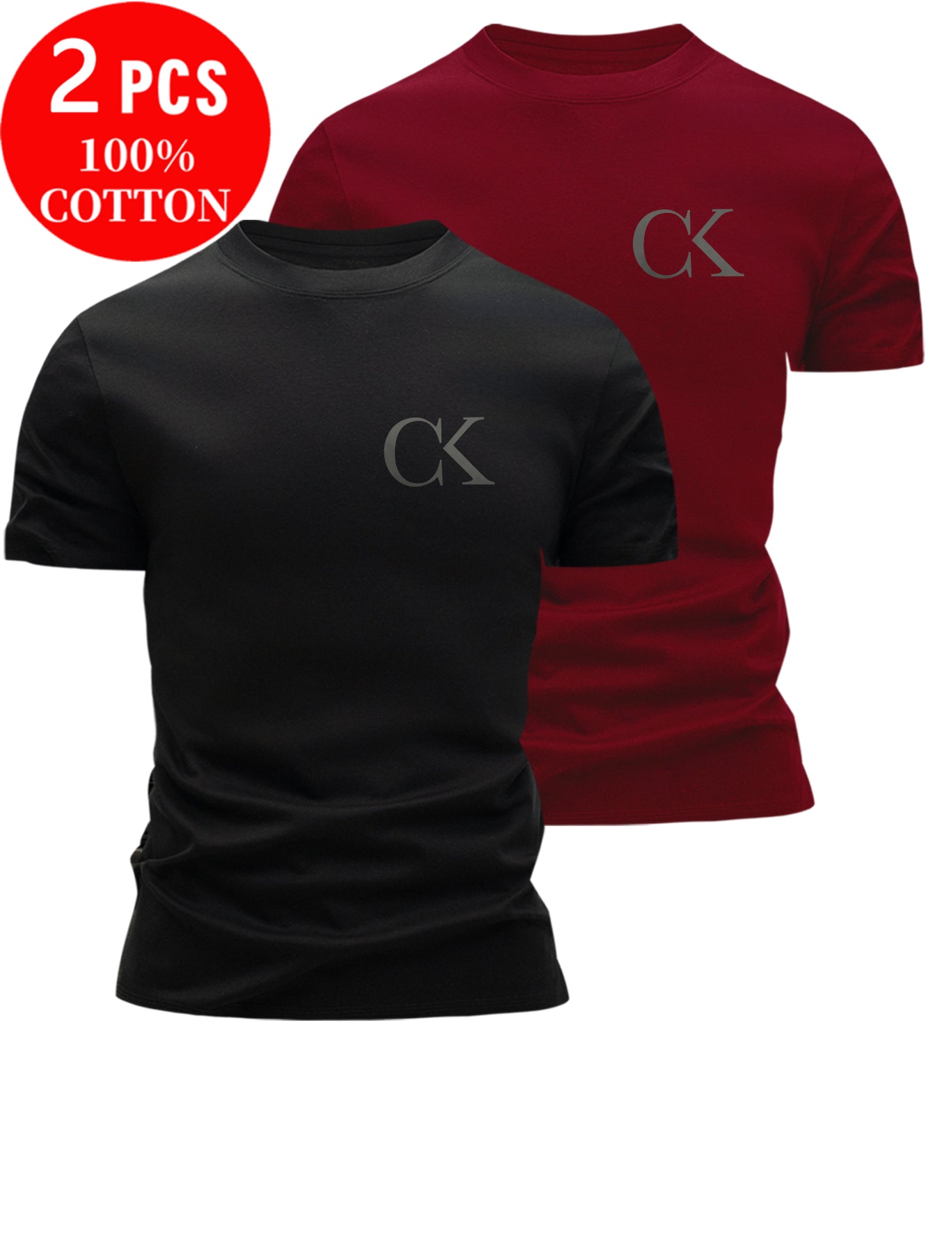 2pcs 100% Cotton Men's T-Shirts, Summer Short Sleeve Slim Fit Tops, Trendy Versatile Casual Basic Style with Minimalist CK Letter Print on Chest for  Flair - ayq