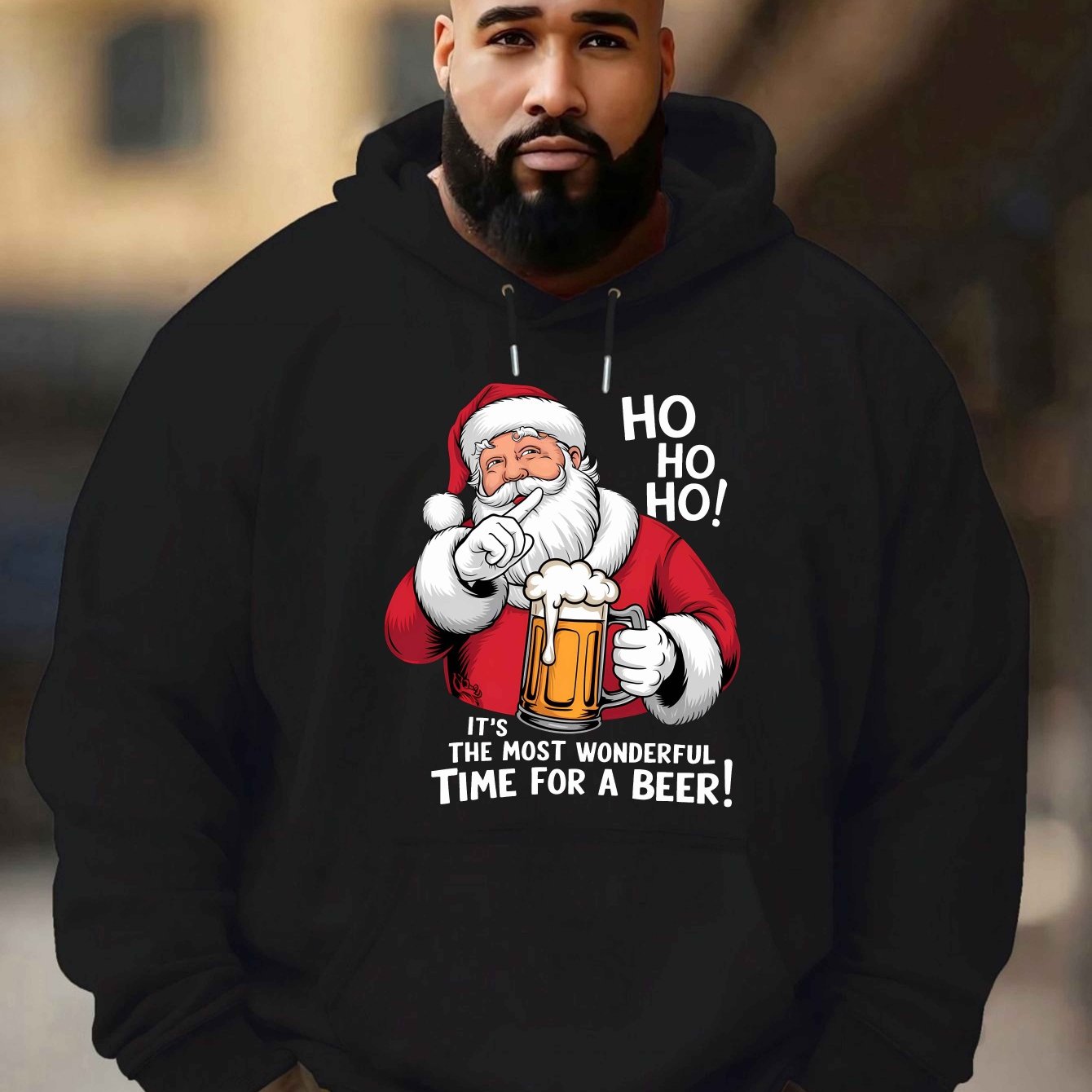 Men'S Red Hoodie with Santa Claus & Beer Mug Graphic - "Ho Ho Ho! It'S the Most Wonderful Time for a Beer!" - Cozy Plush Pullover for Fall & Winter, Casual Holiday Wear, Christmas Clothes, Plus Size