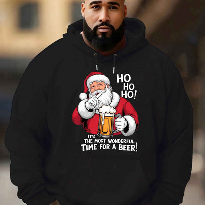 Men'S Red Hoodie with Santa Claus & Beer Mug Graphic - "Ho Ho Ho! It'S the Most Wonderful Time for a Beer!" - Cozy Plush Pullover for Fall & Winter, Casual Holiday Wear, Christmas Clothes, Plus Size