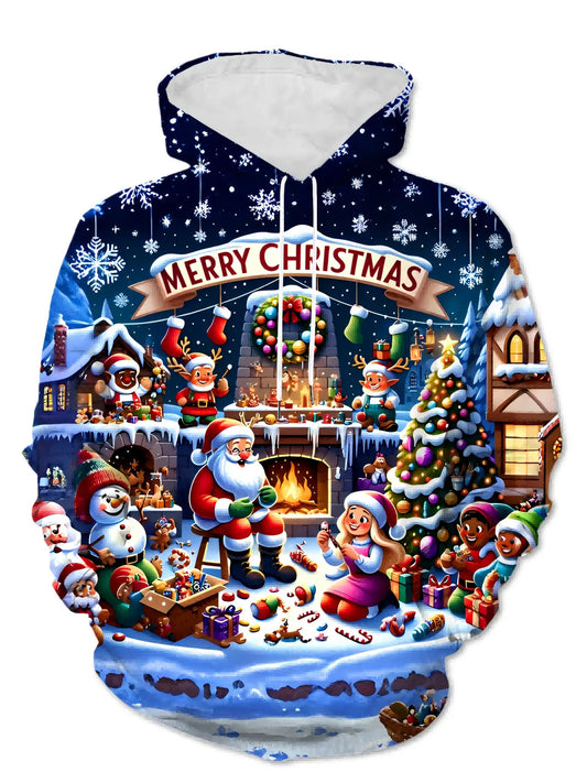 Men's 3D Christmas Print  Sweatshirt - Santa Snowman Reindeer Winter Scene Hoodie with Drawstring Pocket, Fabric Gym & Streetwear, All-Season Casual Wear (Black) - Festive Gift for Xmas & Black Friday (Machine Washable), PLUS